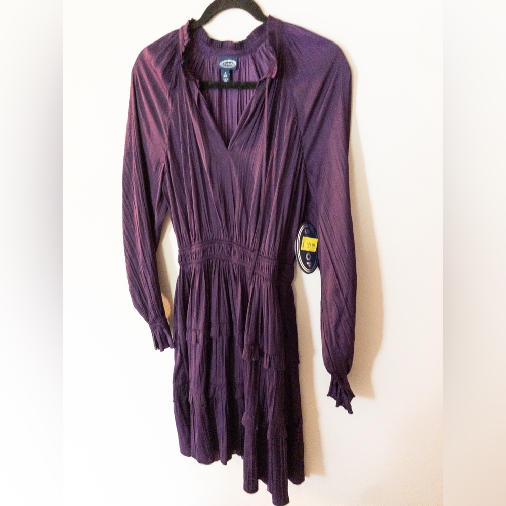 Purple Satin Long Sleeve Dress Stretch Size S